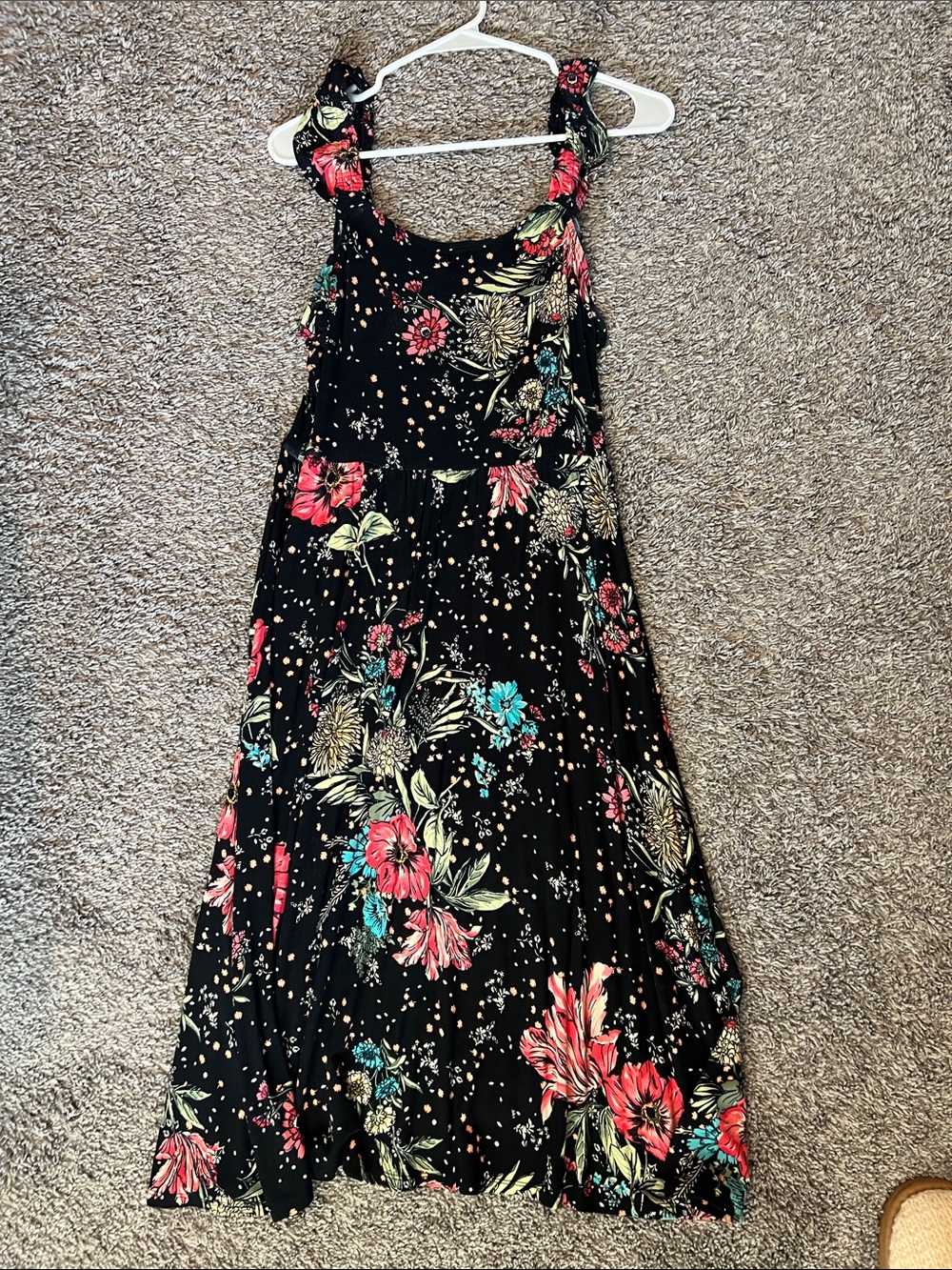 Maurices Black Midi Dress with Red, Teal, and Cream Floral Print